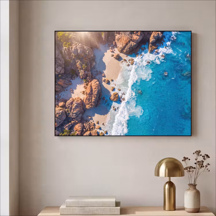 Strand - Zee - Rotsen - Natuur - Blauw Textielframe zwart klein -sfeer2