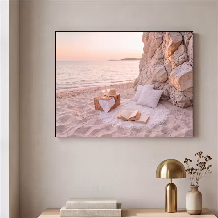 Strand - Picknick - Zonsondergang - Zomer - Natuur Textielframe zwart klein -sfeer2