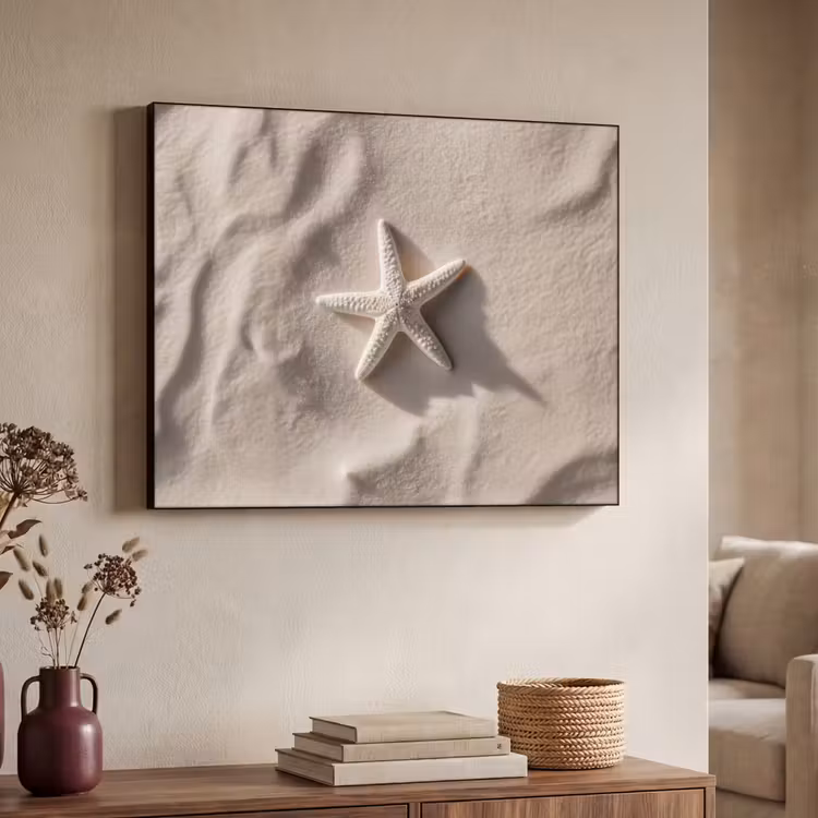 Strand - Zeester - Zand - Beige Textielframe zwart klein -sfeer3