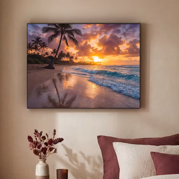 Strand - Zonsopgang - Tropisch - Natuur - Oranje Textielframe zwart klein -sfeer1