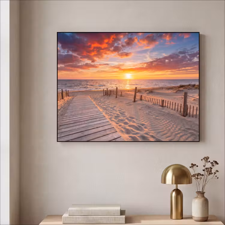 Strand - Zonsondergang - Zee - Natuur - Oranje Textielframe zwart klein -sfeer2