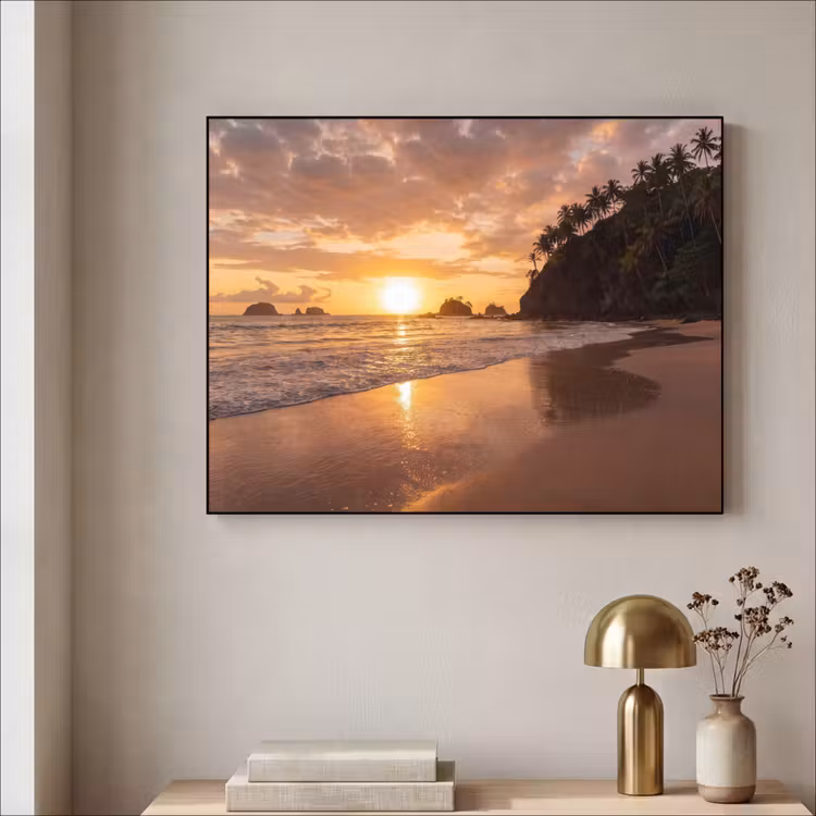 Strand - Zonsondergang - Natuur - Tropisch - Oranje Textielframe zwart klein -sfeer2
