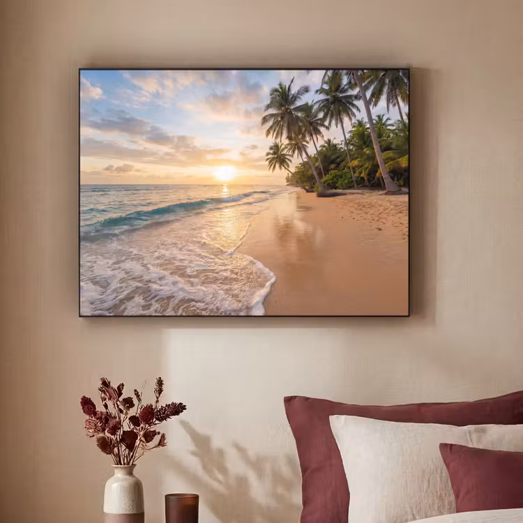 Strand - Zonsondergang - Tropisch - Natuur - Goud Textielframe zwart klein -sfeer1