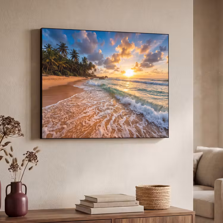 Strand - Zonsondergang - Golven - Natuur - Goud Textielframe zwart klein -sfeer3