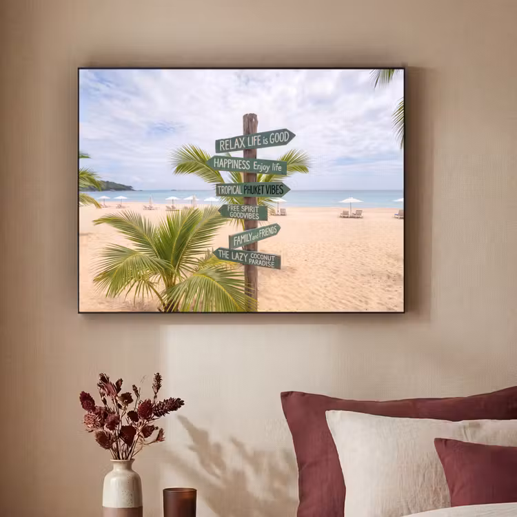 Strand - Wegwijzer - Palmen - Tropisch - Groen Textielframe zwart klein -sfeer1