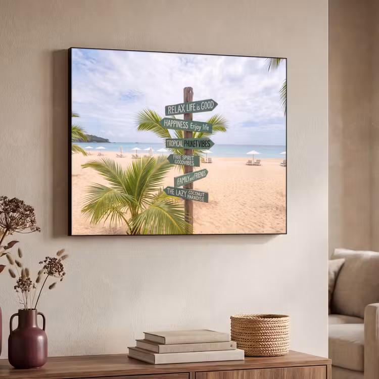 Strand - Wegwijzer - Palmen - Tropisch - Groen Textielframe zwart klein -sfeer3