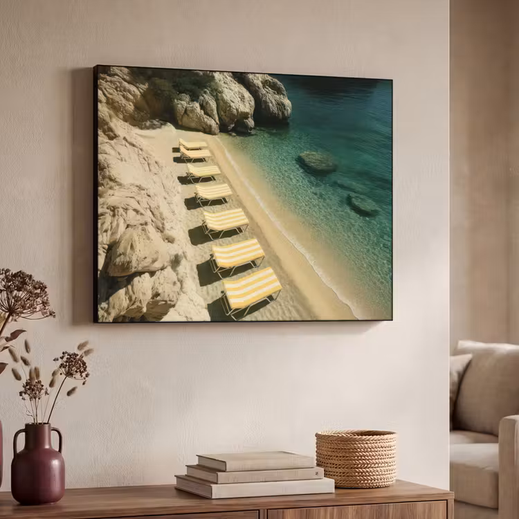 Strandbedden - Zee - Stenen - Baai Textielframe zwart klein -sfeer3