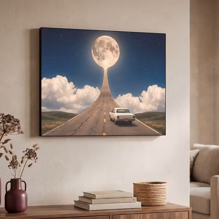 Art Frame - Straße – Mond – Nacht - Weg - Maan - Nacht Textielframe zwart klein