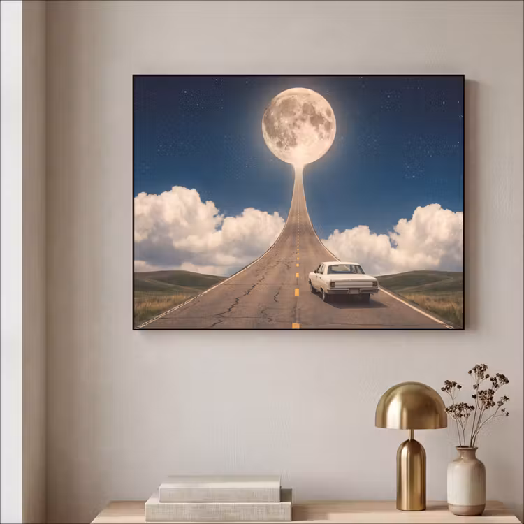 Art Frame - Straße – Mond – Nacht - Weg - Maan - Nacht Textielframe zwart klein