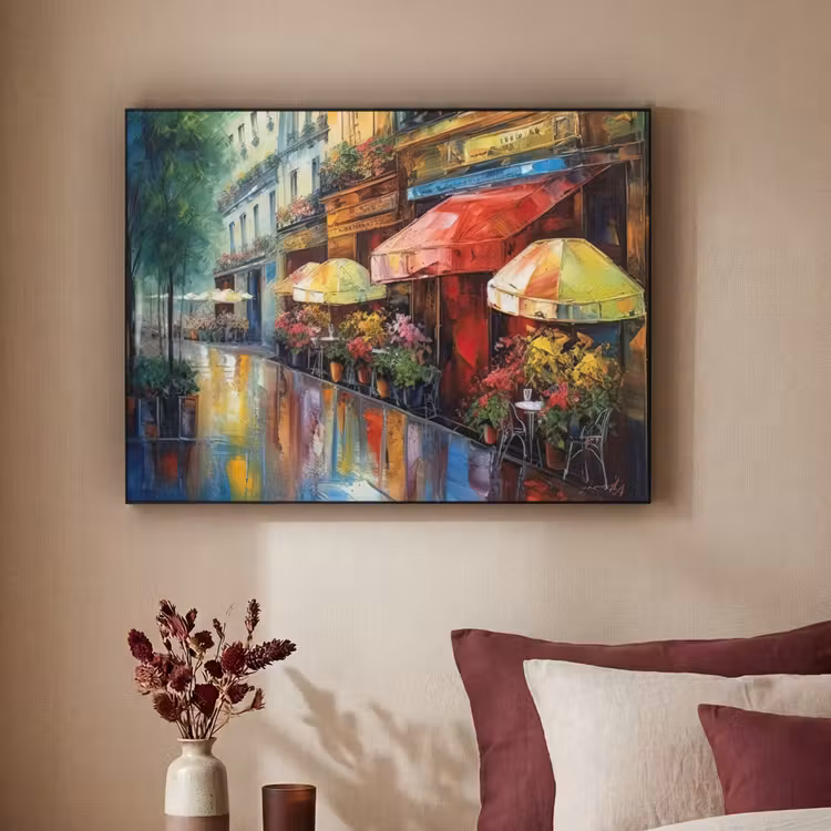 Straat - Olieverf - Kleurrijk - Stad Textielframe zwart klein -sfeer1