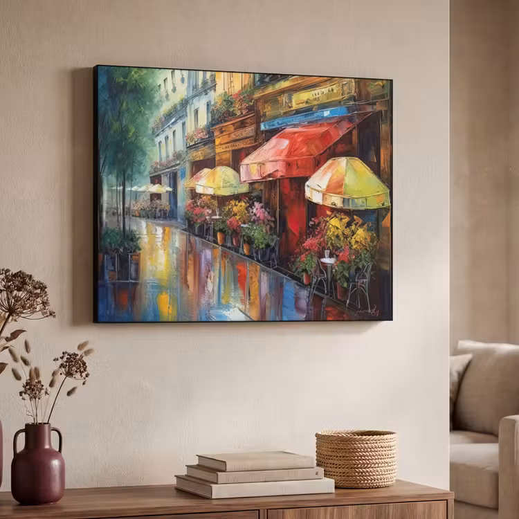 Straat - Olieverf - Kleurrijk - Stad Textielframe zwart klein -sfeer3