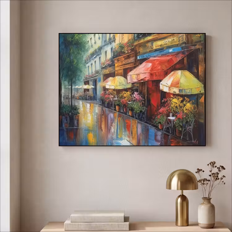 Straat - Olieverf - Kleurrijk - Stad Textielframe zwart klein -sfeer2