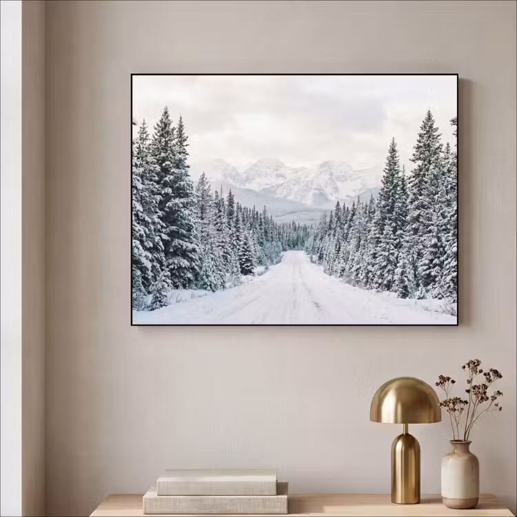 Weg - Sneeuw - Naaldbos - Winter - Avontuurlijk Textielframe zwart klein -sfeer2