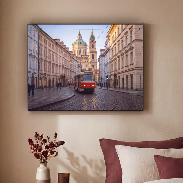 Tram - Straat - Stadsgezicht - Klassiek - Rood Textielframe zwart klein -sfeer1