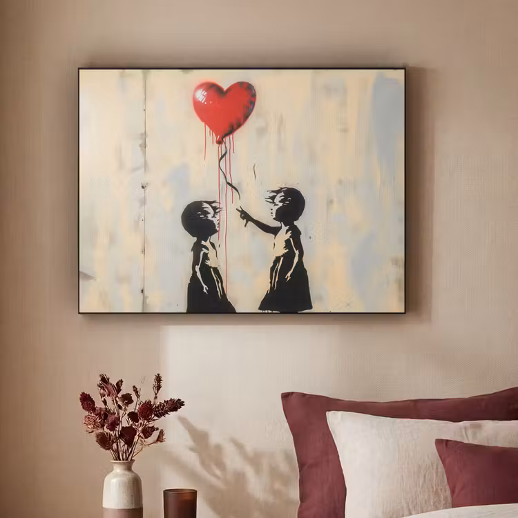Street art - Banksy - Ballon - Graffiti - Hart Textielframe zwart klein -sfeer1