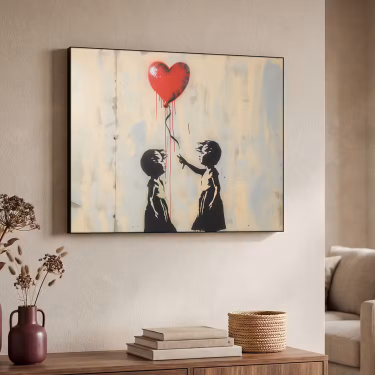 Street art - Banksy - Ballon - Graffiti - Hart Textielframe - compleet frame klein -sfeer3