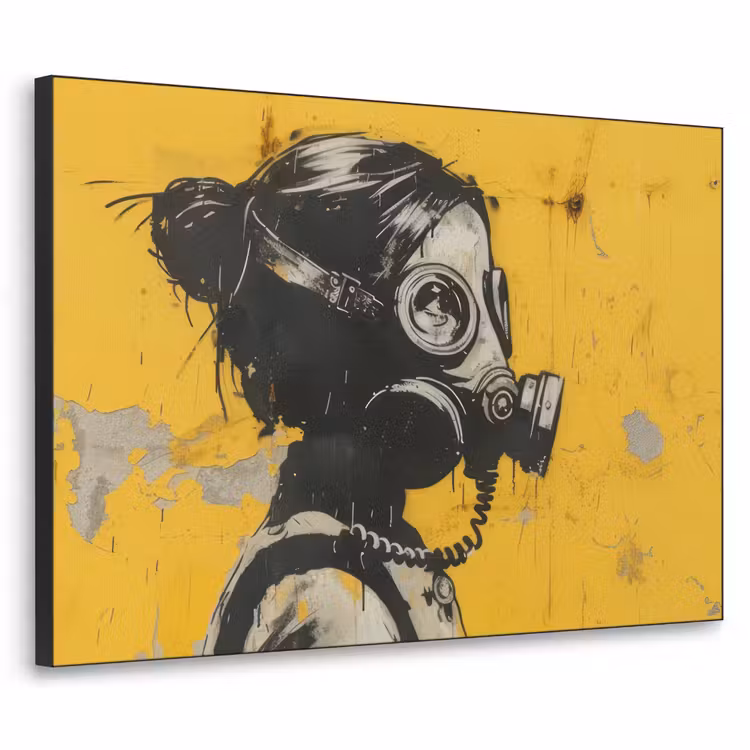 Street art - Meisje - Geel - Banksy Style Textielframe zwart klein -3d