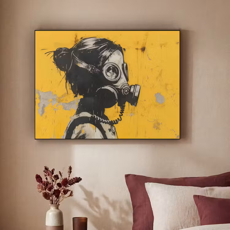 Street art - Meisje - Geel - Banksy Style Textielframe zwart klein -sfeer1