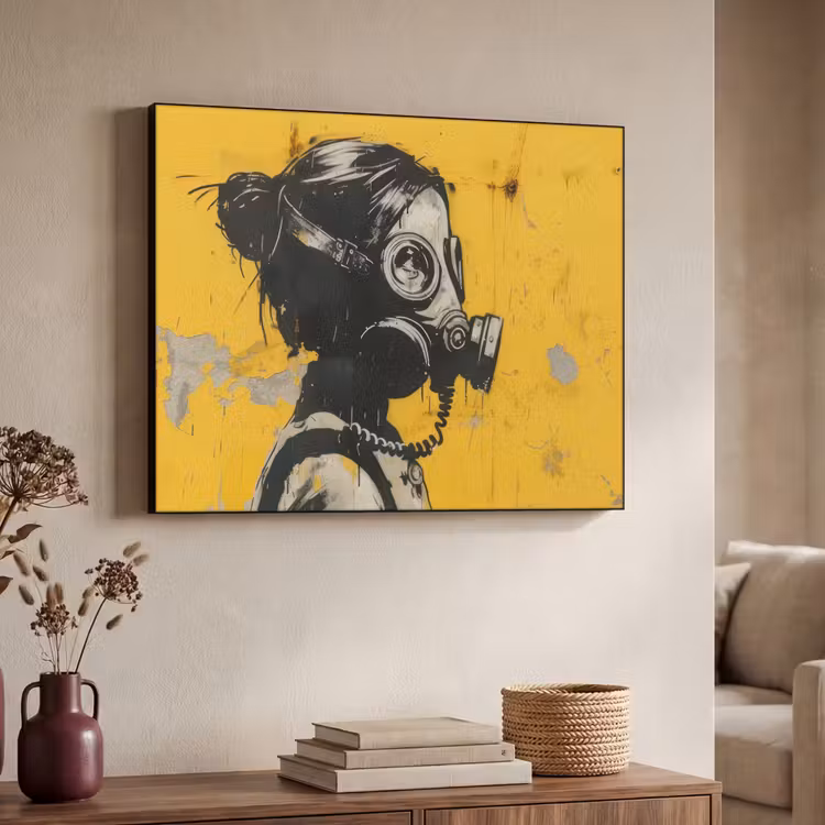 Street art - Meisje - Geel - Banksy Style Textielframe - compleet frame klein -sfeer3