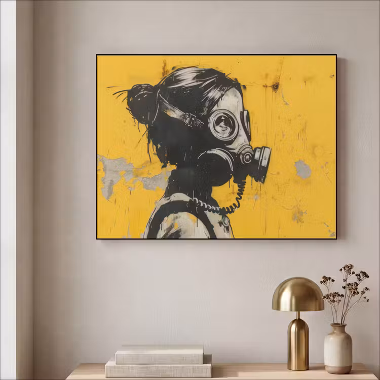 Street art - Meisje - Geel - Banksy Style Textielframe - compleet frame klein -sfeer2