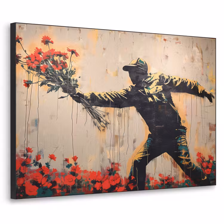 Street art - Man - Bloemen - Graffiti - Banksy Style Textielframe zwart klein -3d