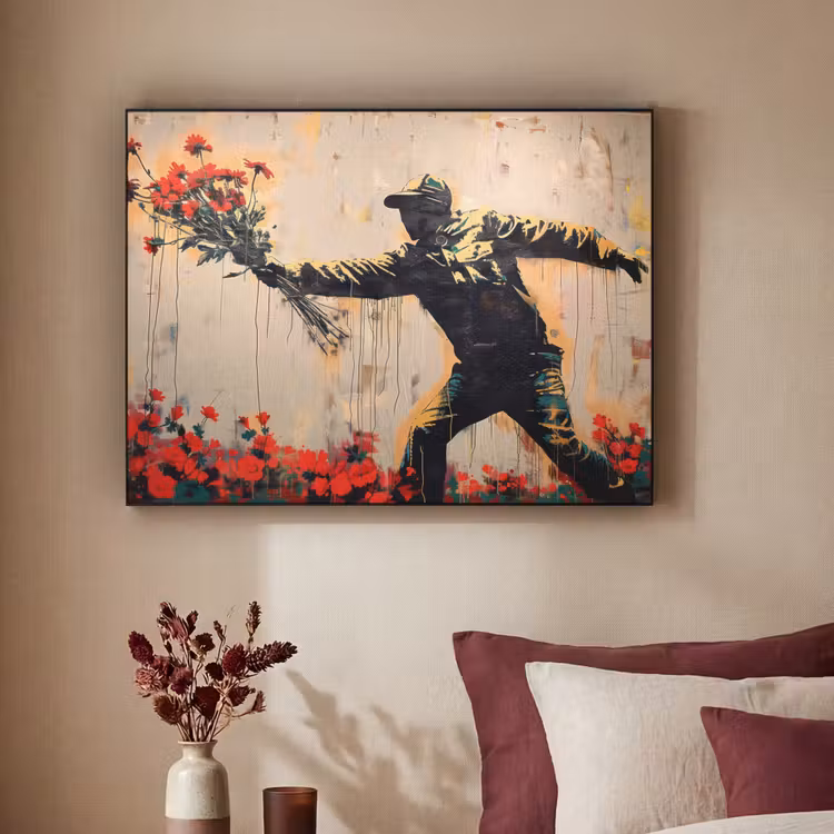 Street art - Man - Bloemen - Graffiti - Banksy Style Textielframe zwart klein -sfeer1