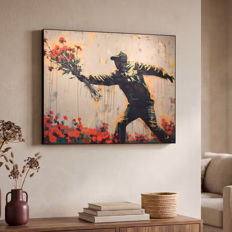Street art - Man - Bloemen - Graffiti - Banksy Style Textielframe - compleet frame klein -sfeer3