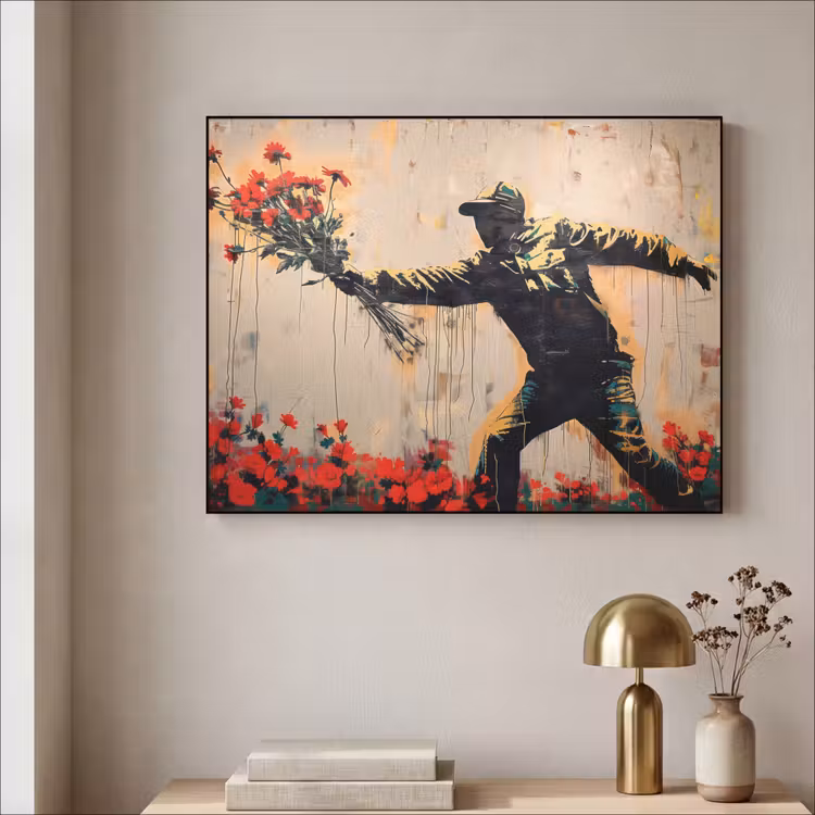 Street art - Man - Bloemen - Graffiti - Banksy Style Textielframe zwart klein -sfeer2