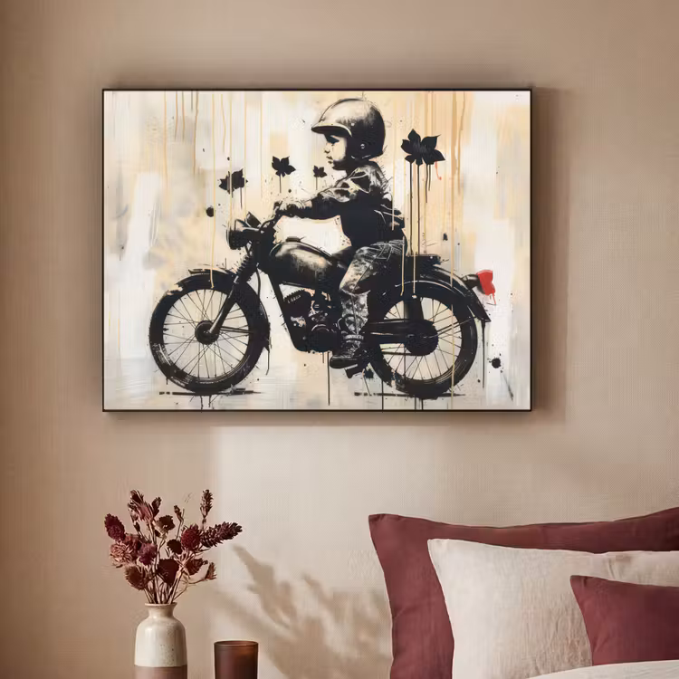 Street art - Motor - Jongen - Graffiti - Banksy Style Textielframe zwart klein -sfeer1