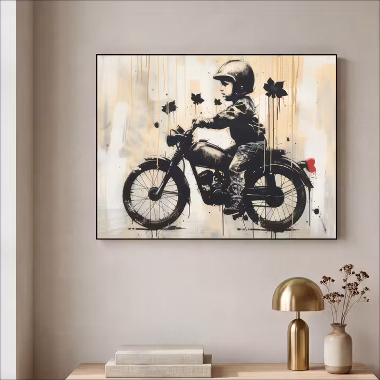 Street art - Motor - Jongen - Graffiti - Banksy Style Textielframe - compleet frame klein -sfeer2