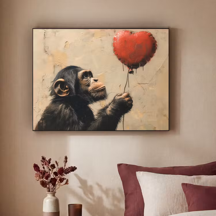 Street art - Chimpansee - Ballon - Graffiti - Banksy Style Textielframe zwart klein -sfeer1