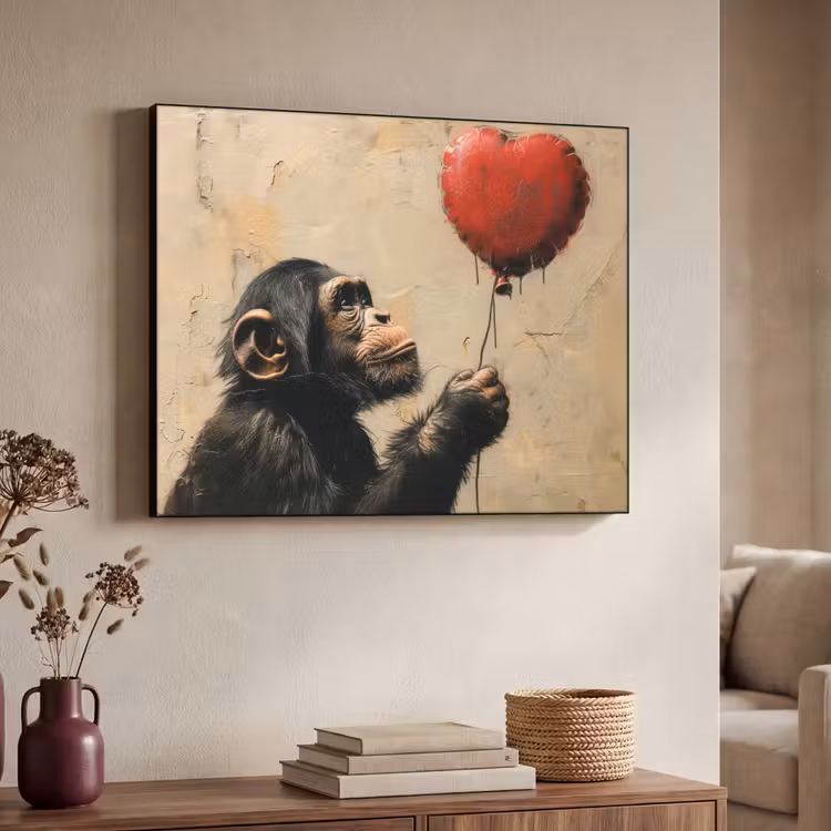 Street art - Chimpansee - Ballon - Graffiti - Banksy Style Textielframe - compleet frame klein -sfeer3