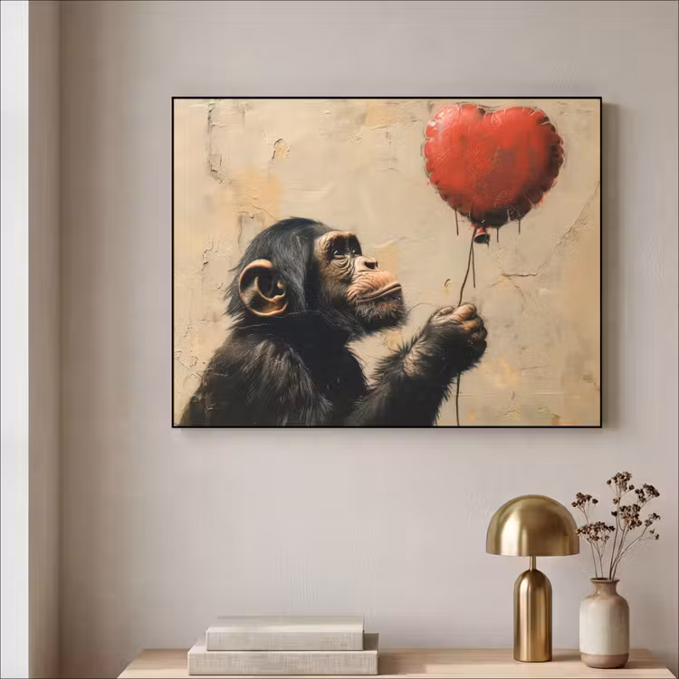 Street art - Chimpansee - Ballon - Graffiti - Banksy Style Textielframe zwart klein -sfeer2