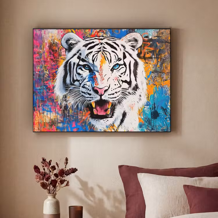 Street art - Tijger - Wit - Graffiti - Dieren Textielframe - compleet frame klein -sfeer1