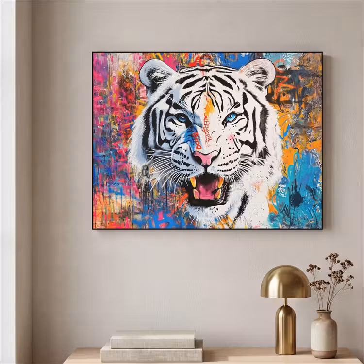 Street art - Tijger - Wit - Graffiti - Dieren Textielframe zwart klein -sfeer2