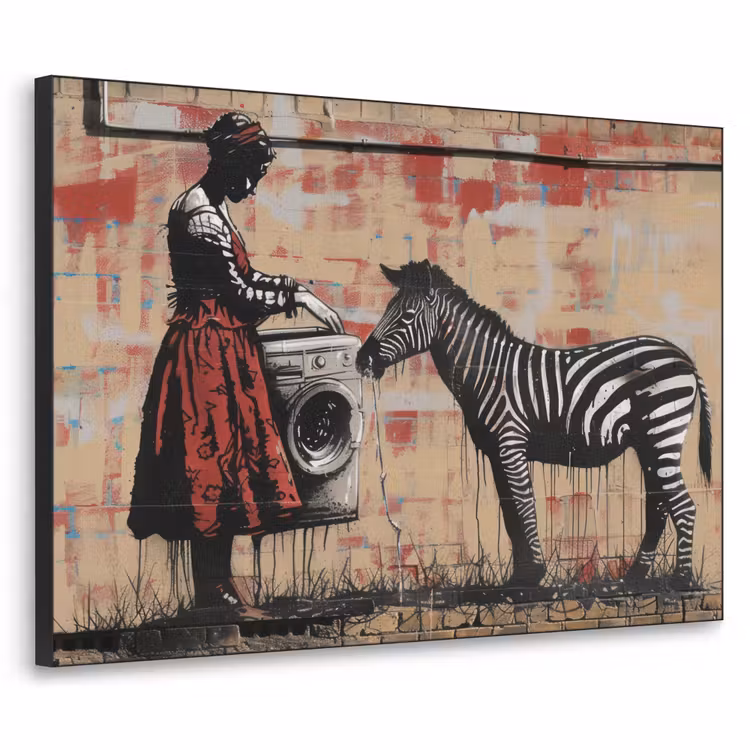 Street art - Zebra - Vrouw - Dieren - Graffiti - Banksy Style Textielframe - compleet frame klein -3d