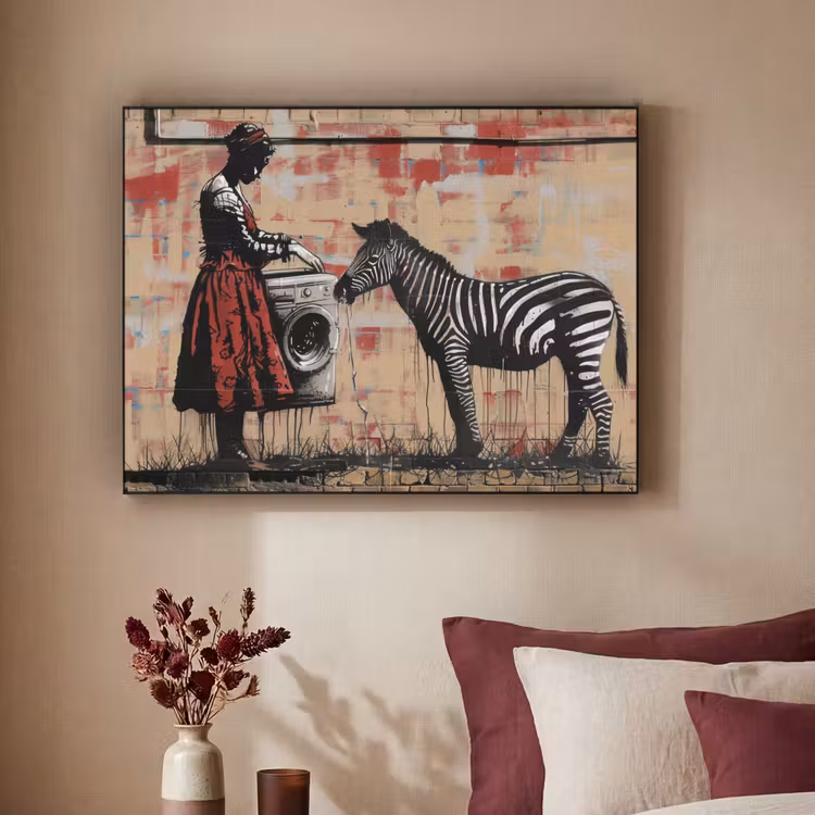 Street art - Zebra - Vrouw - Dieren - Graffiti - Banksy Style Textielframe zwart klein -sfeer1