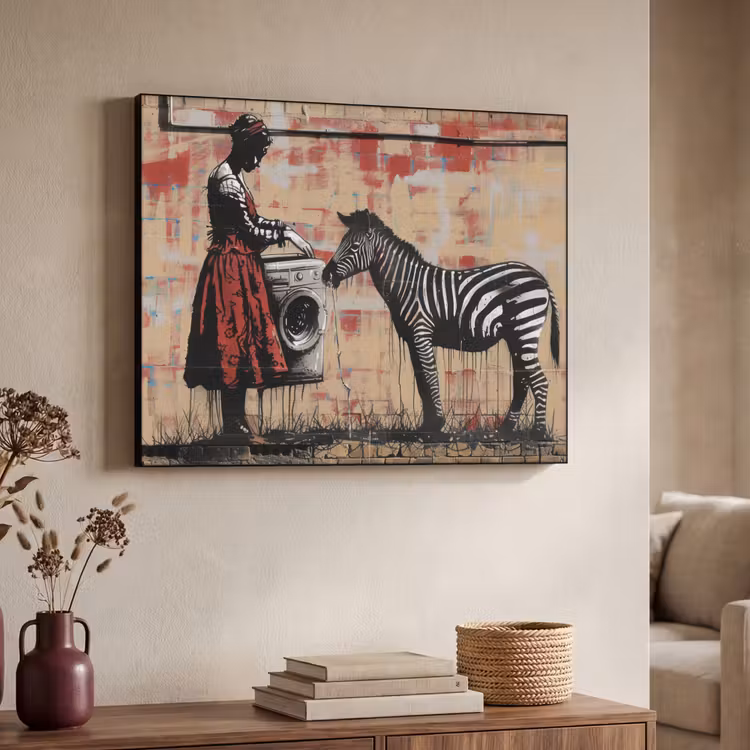 Street art - Zebra - Vrouw - Dieren - Graffiti - Banksy Style Textielframe - compleet frame klein -sfeer3