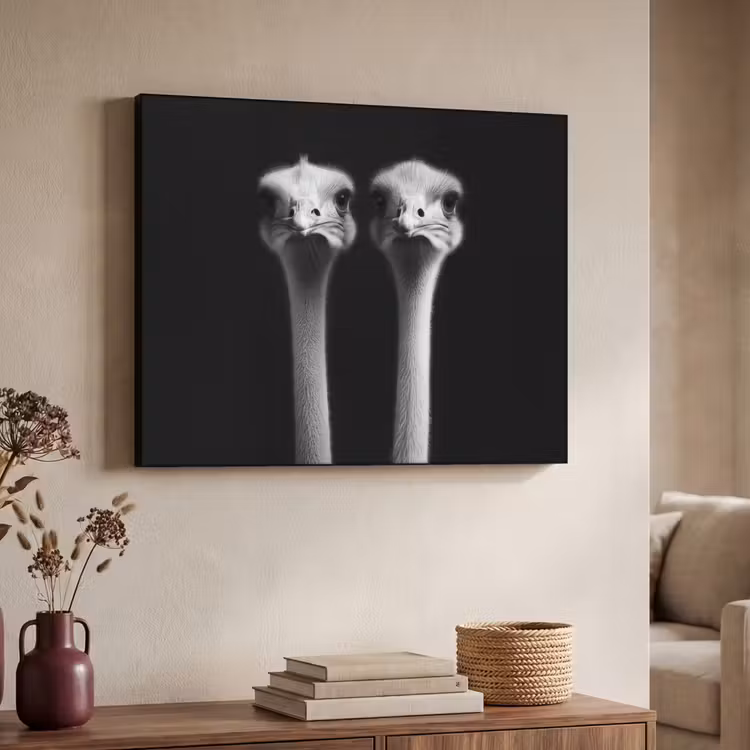 Struisvogels - Halzen - Zwart - Minimalistisch Textielframe zwart klein -sfeer3