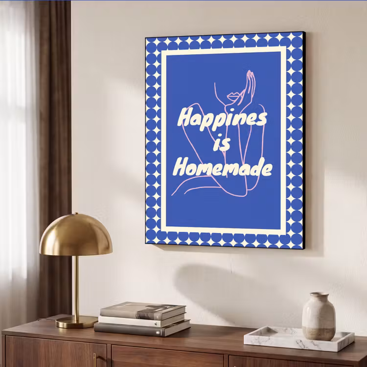 Lijntekening - Vrouw - Quote - Blauw Textielframe zwart klein -sfeer3