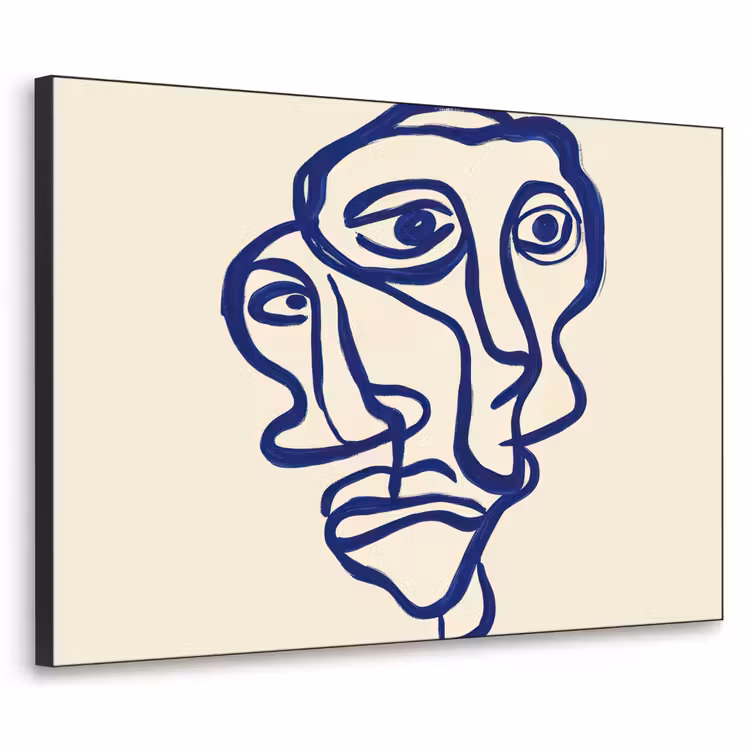 Lijntekening - Overlappende gezichten - Donkerblauw Textielframe zwart klein -3d