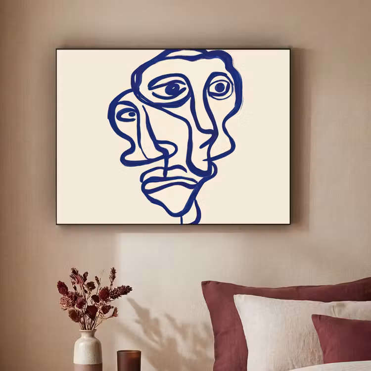 Lijntekening - Overlappende gezichten - Donkerblauw Textielframe zwart klein -sfeer1