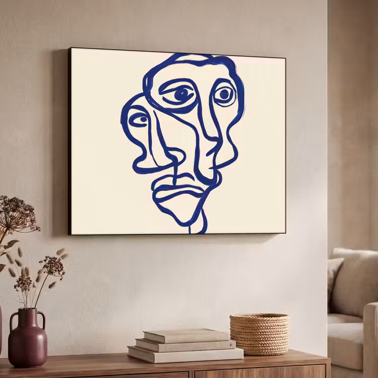 Lijntekening - Overlappende gezichten - Donkerblauw Textielframe zwart klein -sfeer3