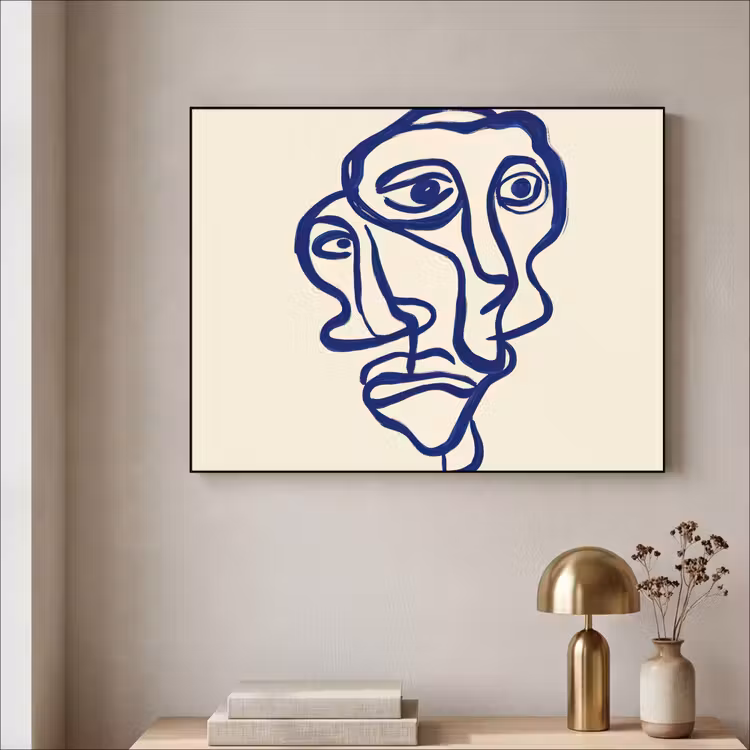 Lijntekening - Overlappende gezichten - Donkerblauw Textielframe zwart klein -sfeer2