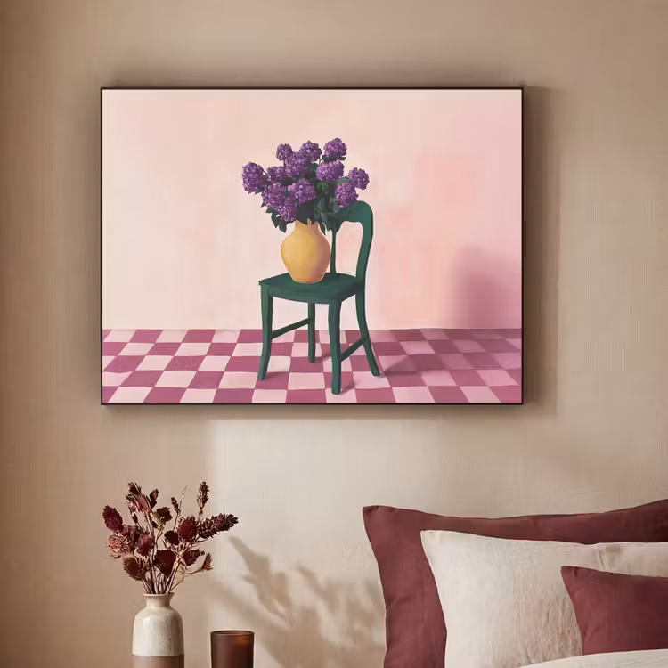 Stoel - Vaas - Bloemen - Geblokt Textielframe - compleet frame klein -sfeer1