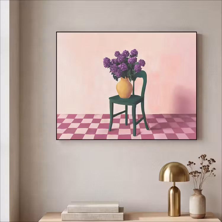 Stoel - Vaas - Bloemen - Geblokt Textielframe zwart klein -sfeer2