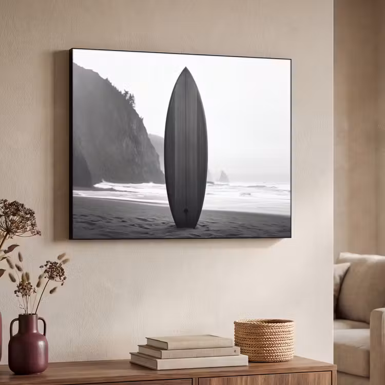 Surfplank - Zand - Zee Textielframe zwart klein -sfeer3