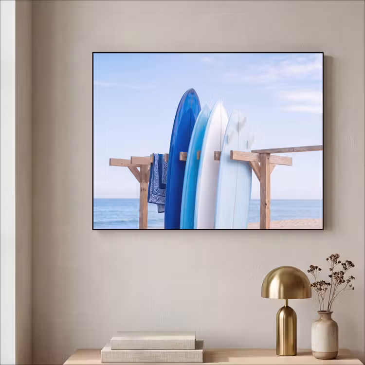 Surfplank - Strand - Zomer - Blauw - Water Textielframe zwart klein -sfeer2