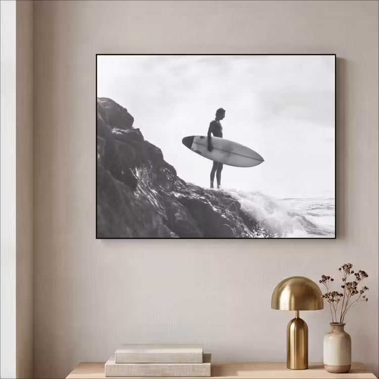 Surfer - Rots - Oceaan - Golven Textielframe zwart klein -sfeer2