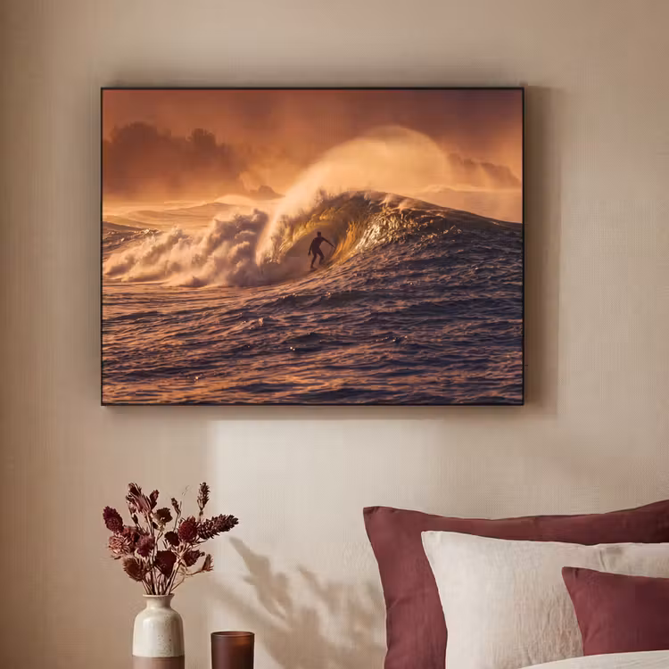 Surfer - Golf - Oceaan - Sport - Oranje Textielframe zwart klein -sfeer1